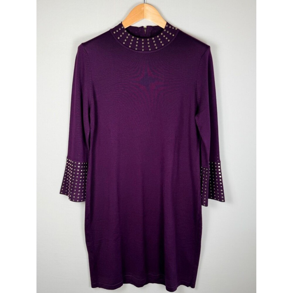 Harper Rose XL Aubergine Purple Studded Sweater Dress Bell Sleeve Mock Neck Plum
